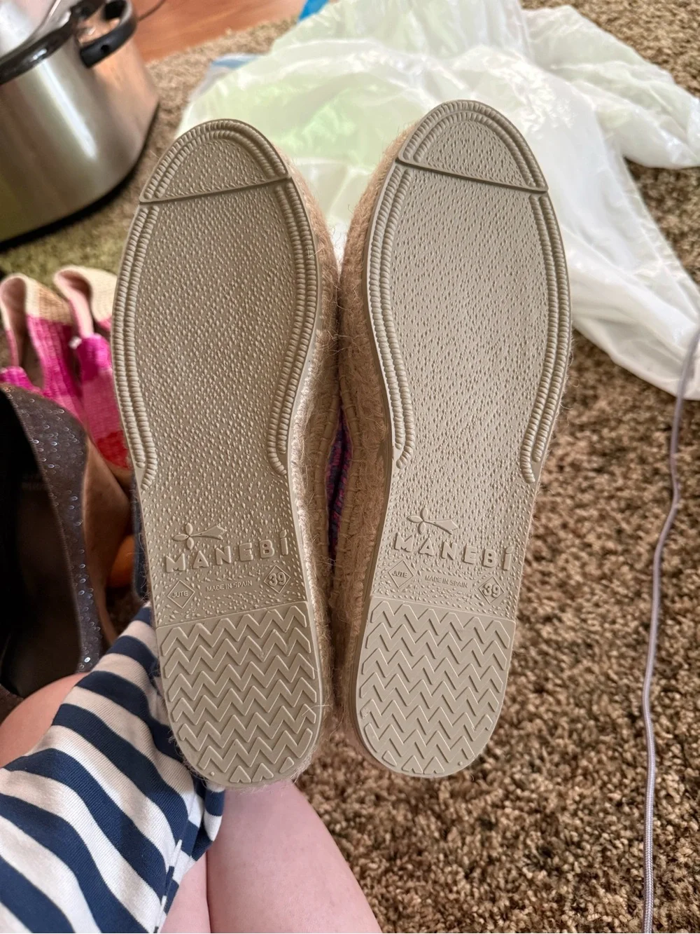 Manebi Pink Woven Espadrille Shoes with Blue Accents